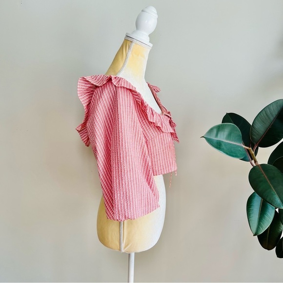 Zara Contrasting  Striped Crop Top With Ruffles - Picture 5 of 9